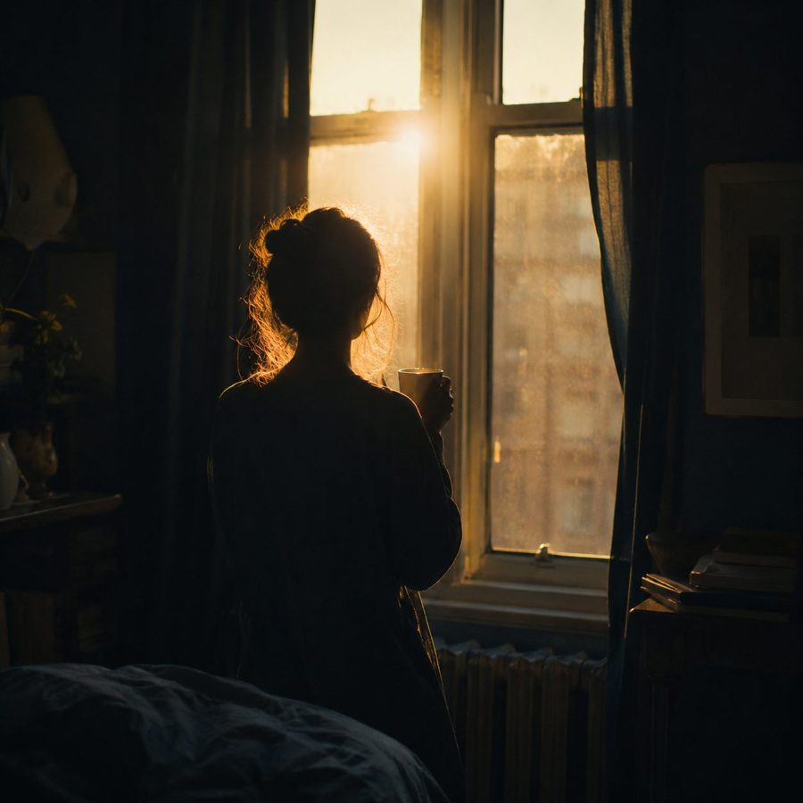 Emily alla finestra all'alba, con una tazza di caffè