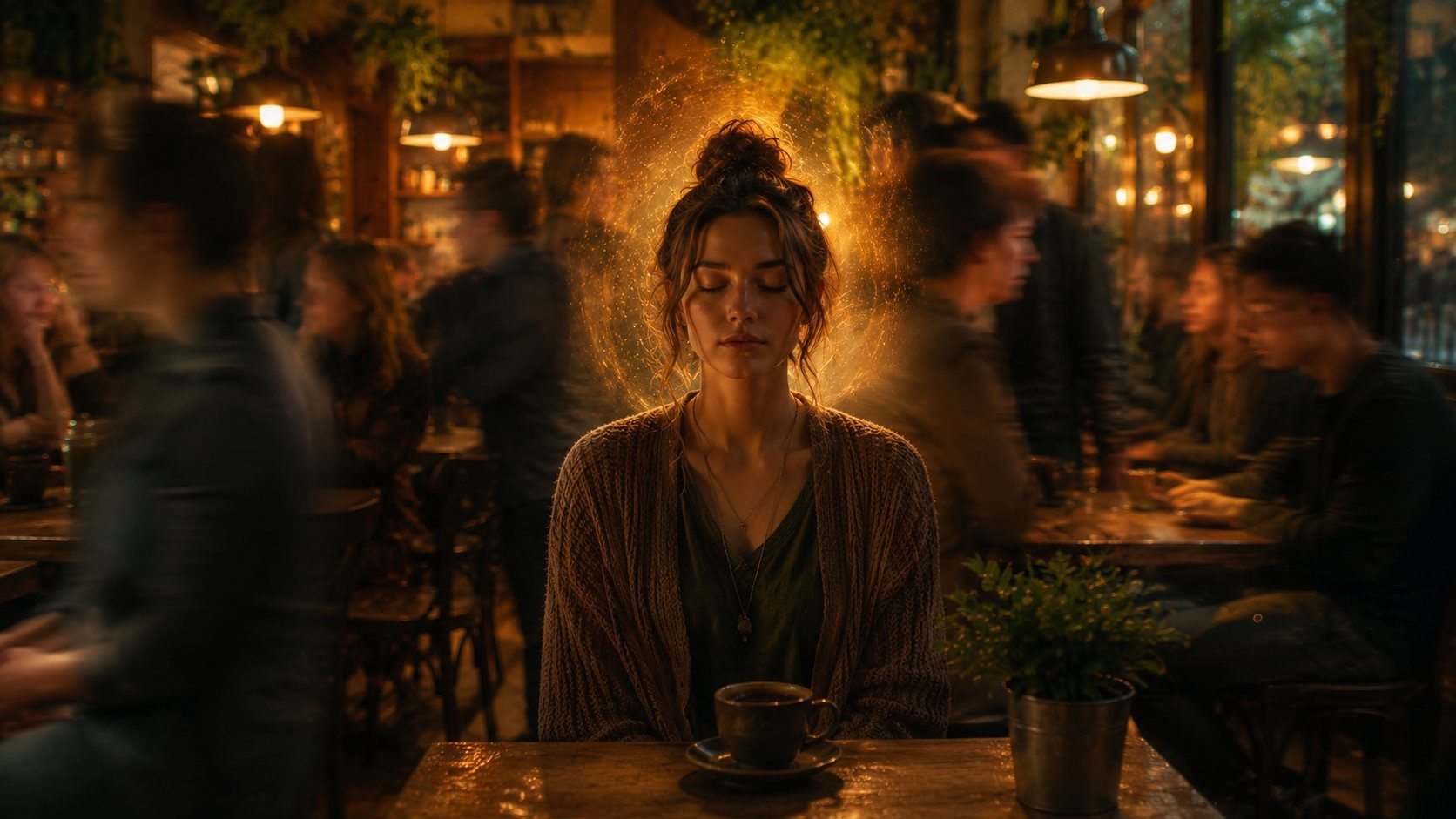 Una donna seduta tranquilla in un caffè affollato, avvolta da una luce dorata