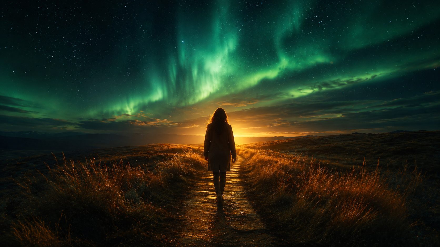 Una donna cammina su un sentiero illuminato sotto l'aurora boreale